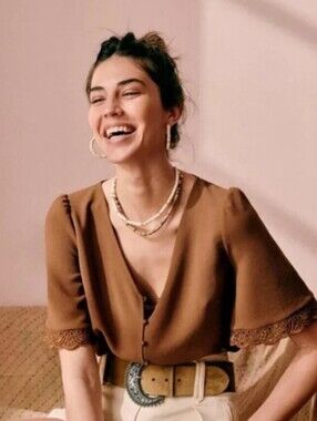 Sezane Thalia Button Up Flared Crotchet Sleeves Brown Blouse Size L
